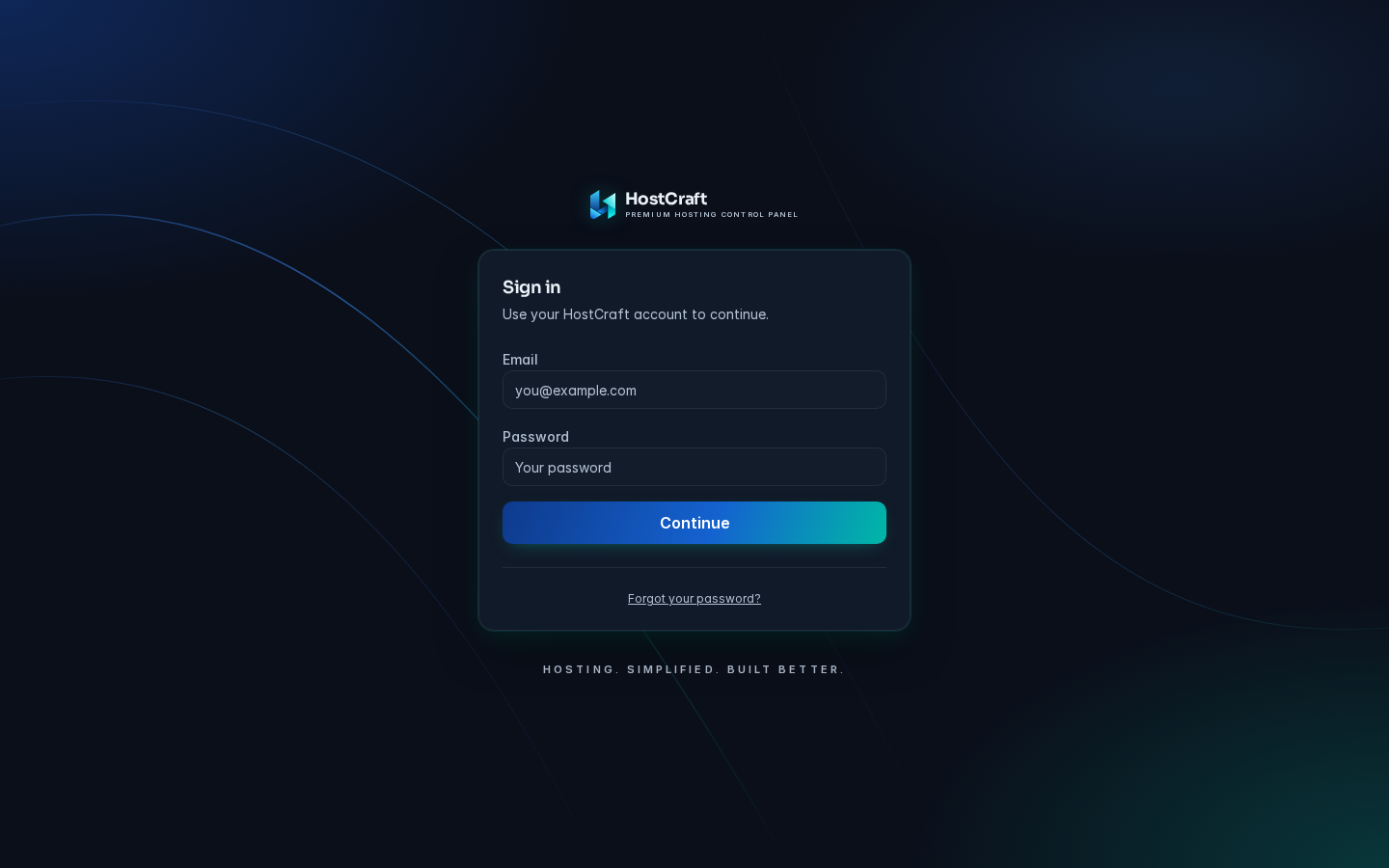 The HostCraft sign-in screen with email and password fields and a Continue button