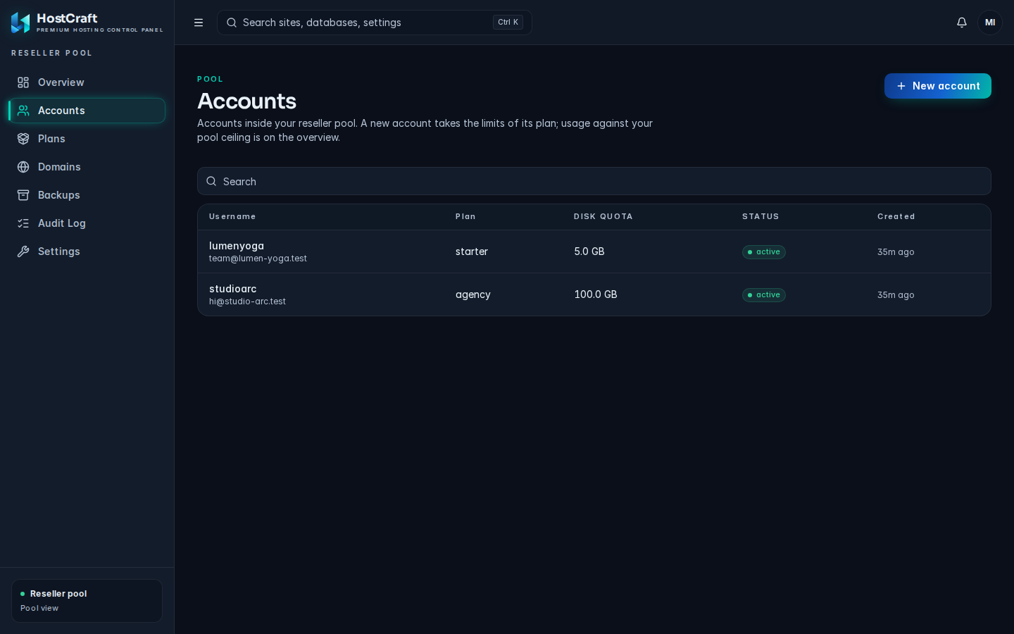 The reseller Accounts table with the New account button