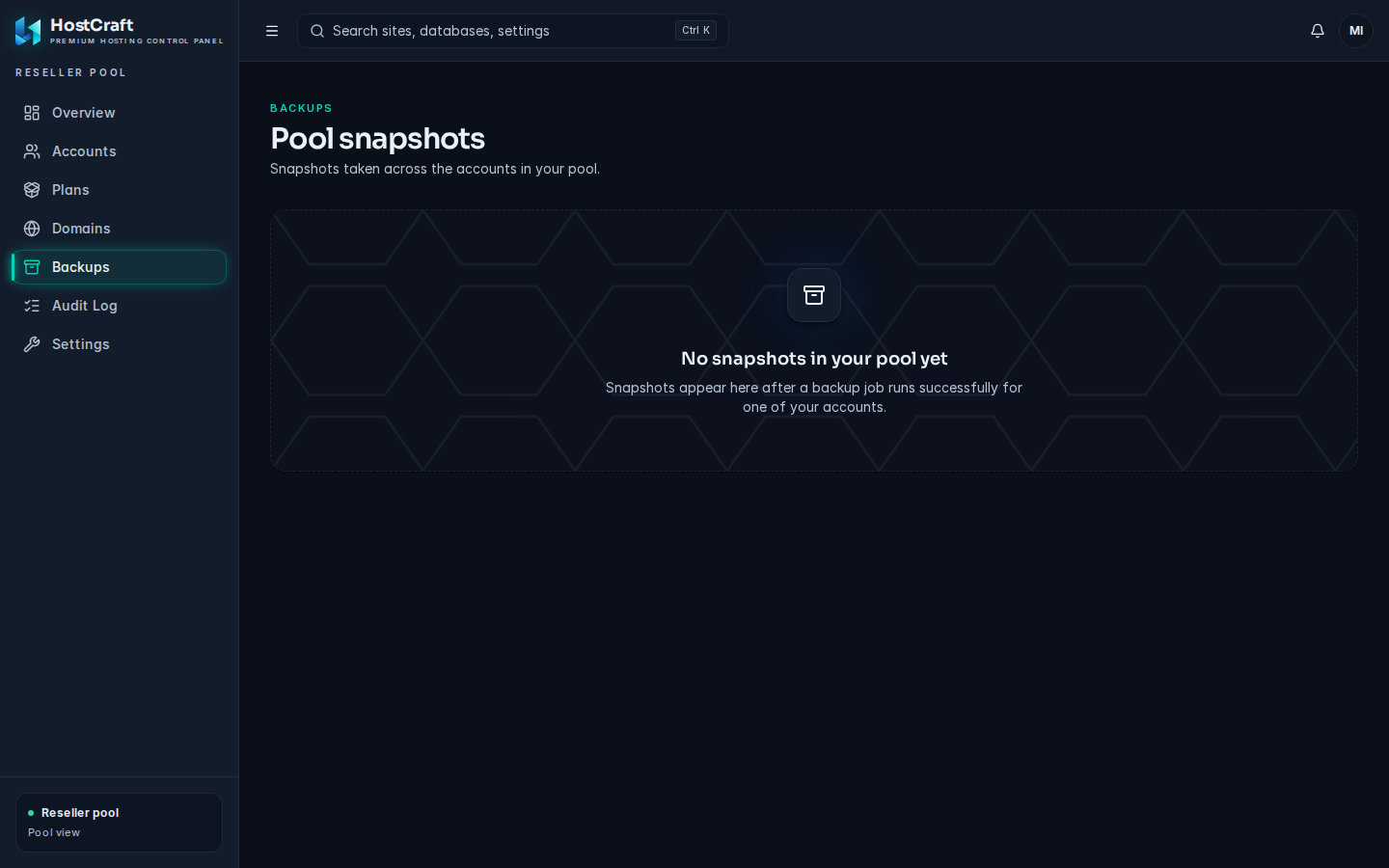 Pool snapshots page listing snapshots from several accounts in the pool