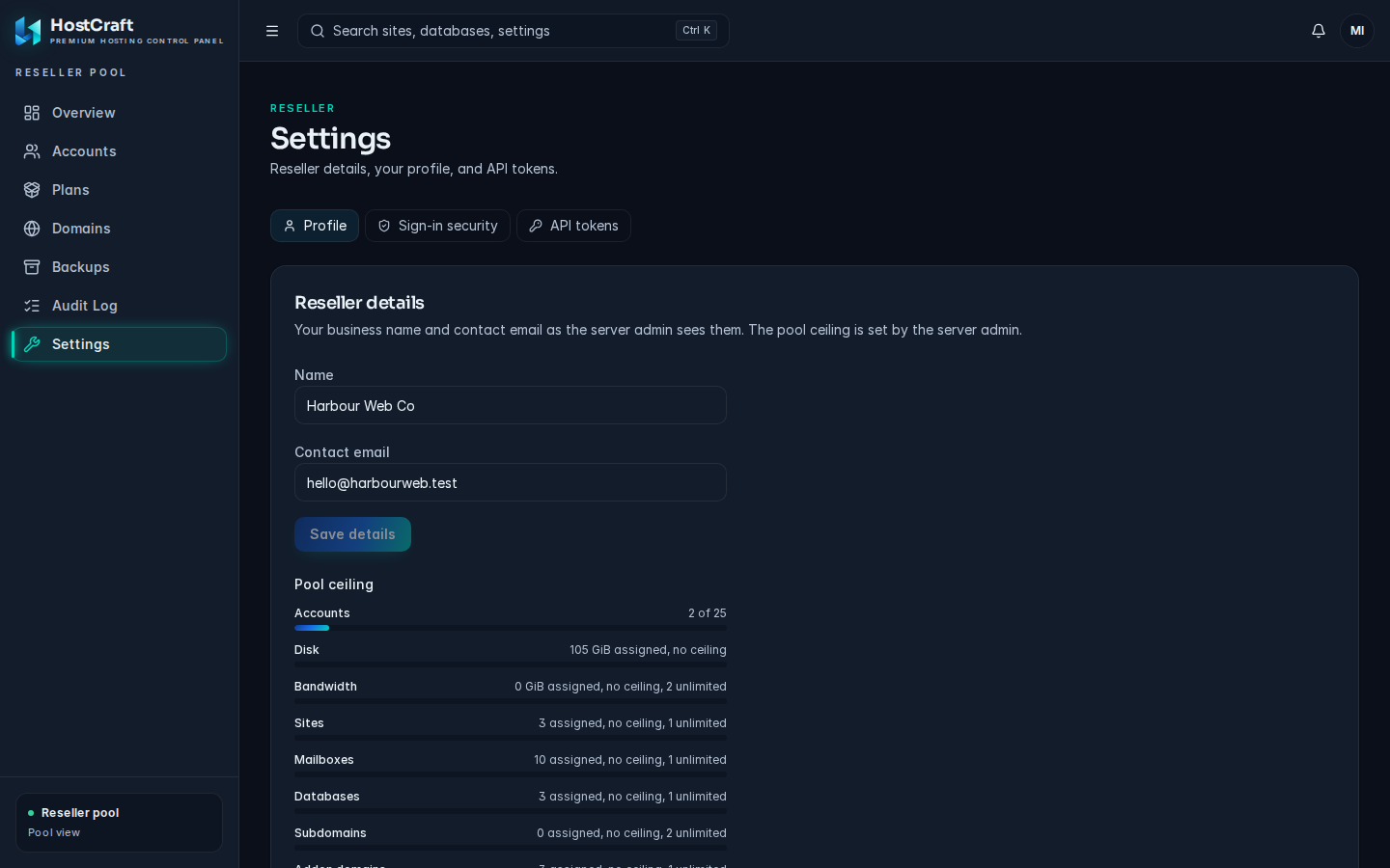 Reseller settings Profile tab showing Reseller details and Pool ceiling